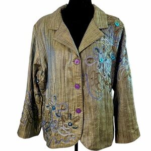 Anage Olive Green Whimsical Embroidered Detailed Jacket| Purple Buttons Size XL